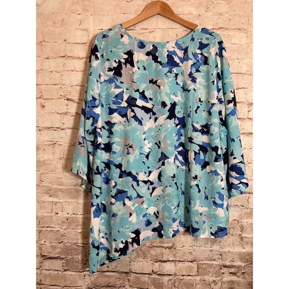 Catherines Top Womens 1XWP Turquoise Floral Flared Sleeve Asymmetric Hem Flowy - Picture 11 of 13